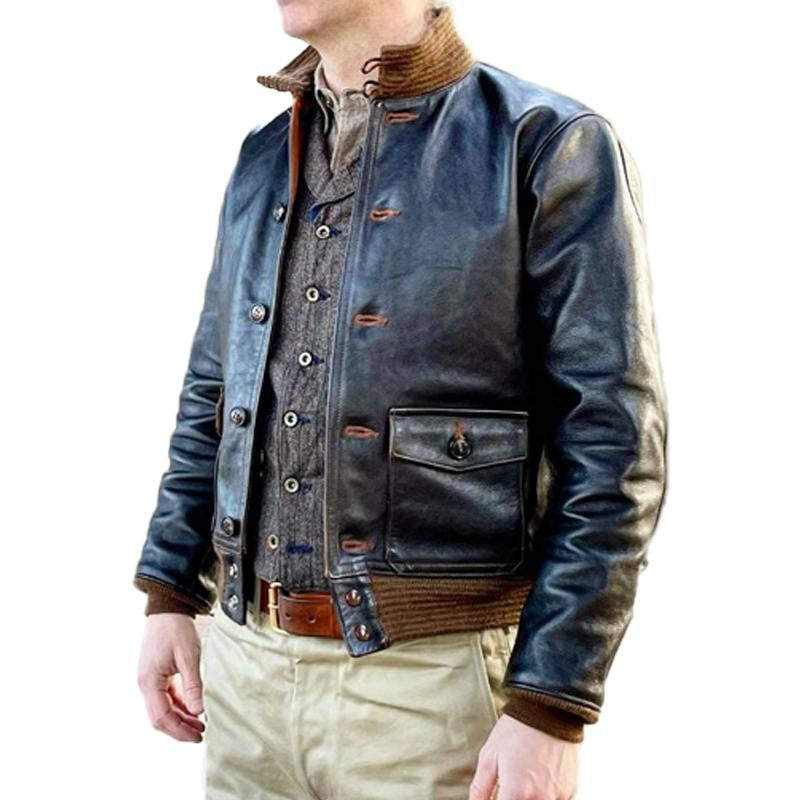 Men's Vintage Colorblock Multi-Pocket Leather Jacket 83820429Y