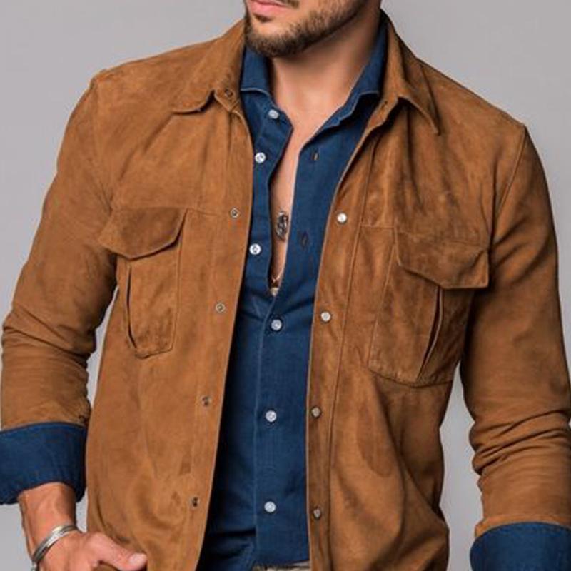 【Spedizione in 24 ore】Camicia da uomo vintage in pelle scamosciata con doppio taschino sul petto e risvolto 49857209Y