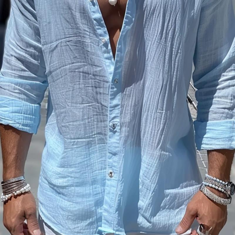 【Spedizione in 24 ore】Camicia casual da uomo in cotone e lino tinta unita a maniche lunghe 56362161X