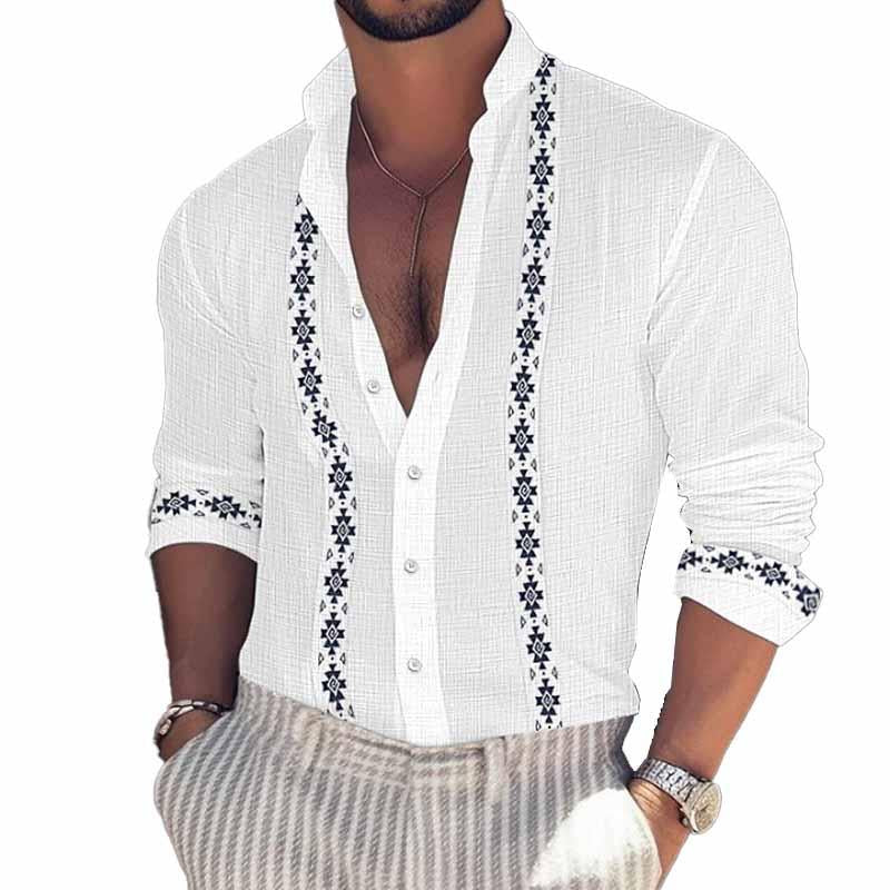 Herren Sommer Print Strand Urlaub Stehkragen Langarm Hemd 72122320X