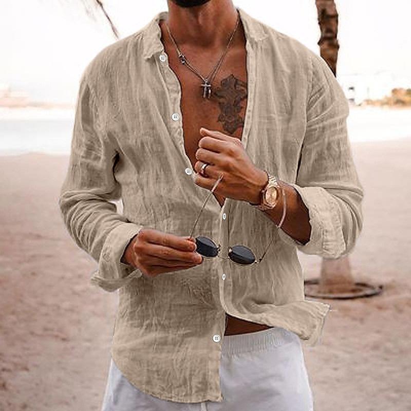 Camicia casual da uomo in cotone e lino a maniche lunghe, tinta unita, con risvolto 76098441M