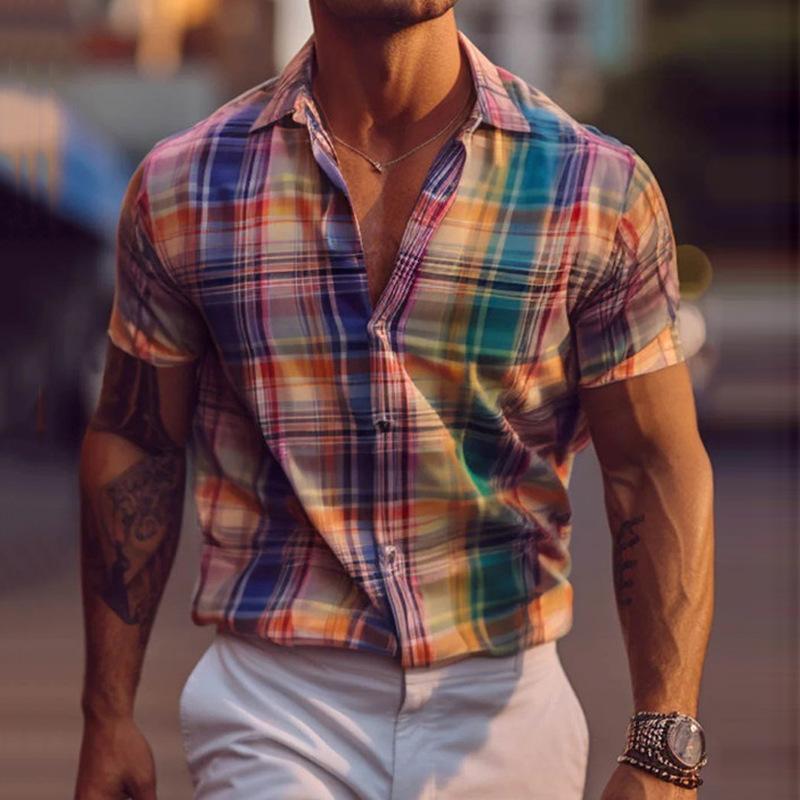 Camicia a maniche corte con risvolto e stampa a quadri vintage da uomo 74349324Y