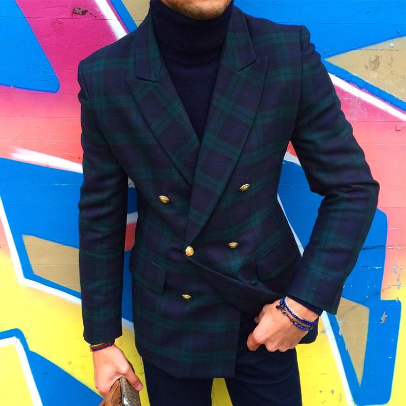 Men's Vintage Plaid Notch Lapel Double-Breasted Flap Pockets Blazer 20584917M