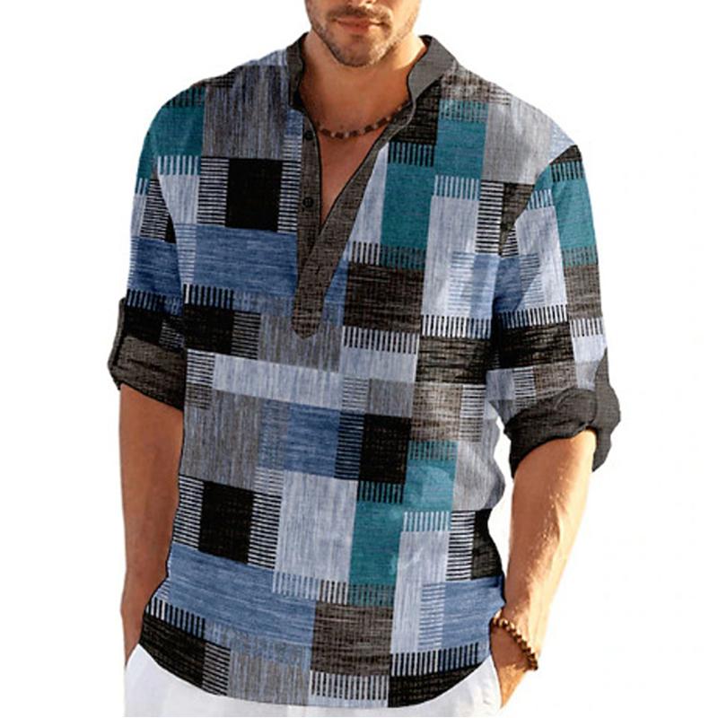 Camicia estiva da uomo con stampa etnica e colletto rialzato a mezza manica 52463329X