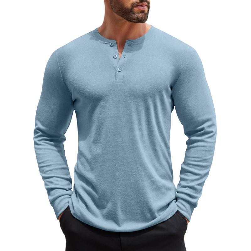 Herren Einfarbiges Henley-Kragen Casual Langarm-T-Shirt 08520324X