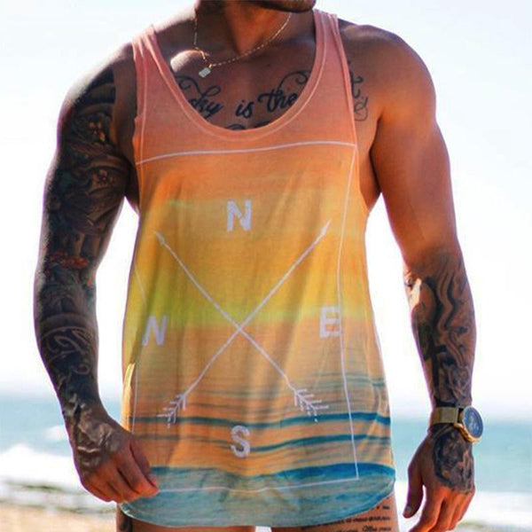 Men's Casual Compass Gradient Round Neck Tank Top 84659175TO