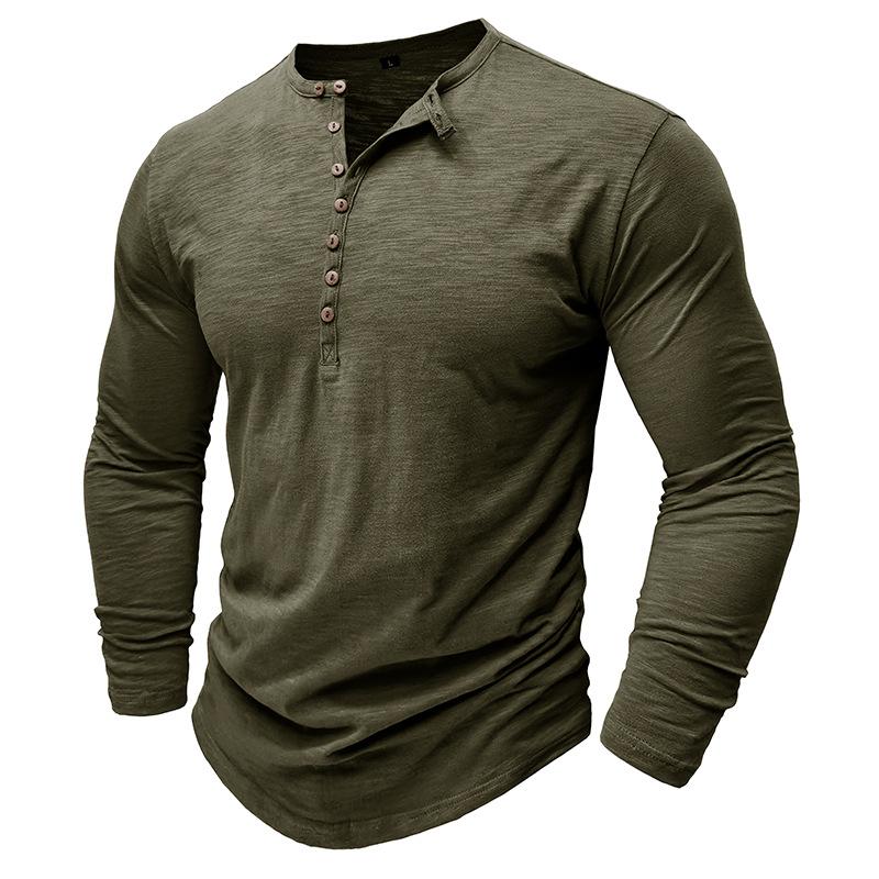 Camiseta de algodón flameado con cuello henley y manga larga de color liso para exteriores para hombre 26528737X