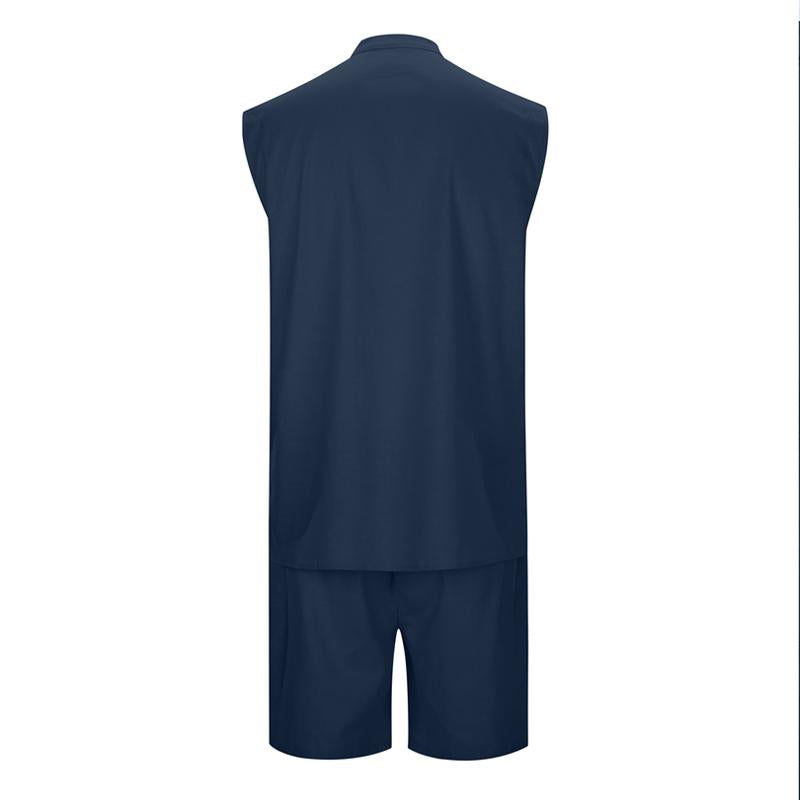 Men's Solid Color Linen Vest Shirt Lace-up Two-piece Set 69743538X