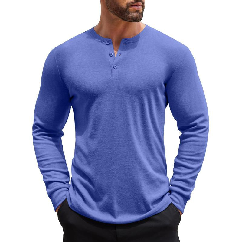 Herren Einfarbiges Henley-Kragen Casual Langarm-T-Shirt 08520324X