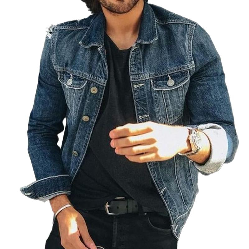 Men's Vintage Washed Ripped Lapel Multi-pocket Denim Jacket 64766621M