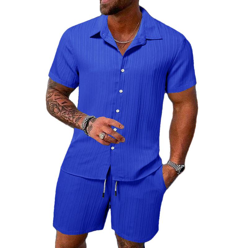 Conjunto casual de pantalones cortos de manga corta con solapa y rayas de color liso para hombre 63428764X