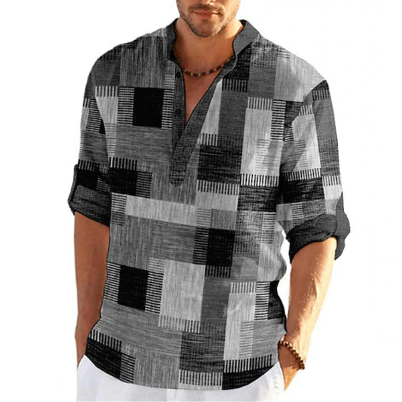 Camicia estiva da uomo con stampa etnica e colletto rialzato a mezza manica 52463329X