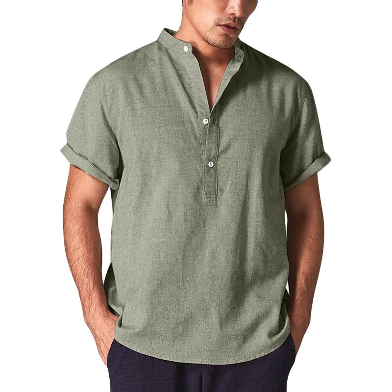 Camisa de lino y algodón con cuello alto y manga corta de color liso para hombre 25025155X