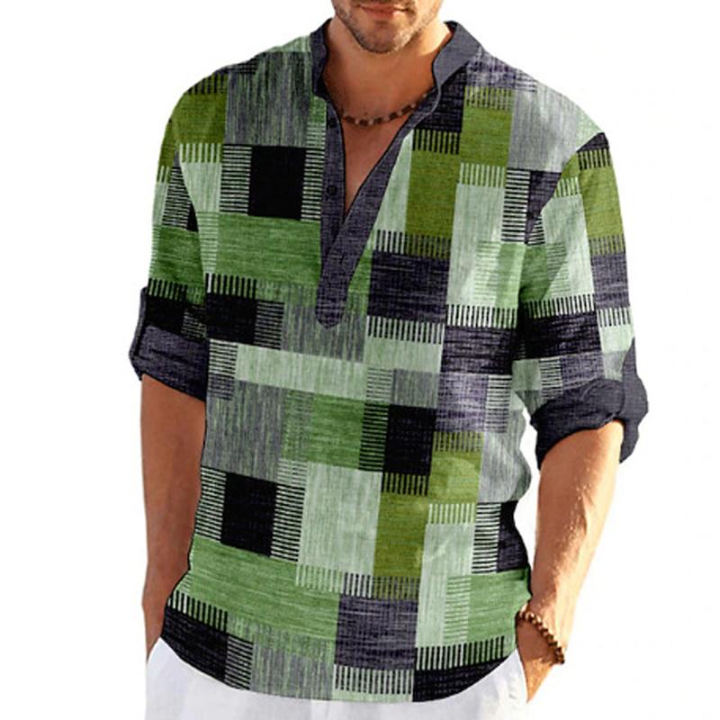 Camicia estiva da uomo con stampa etnica e colletto rialzato a mezza manica 52463329X