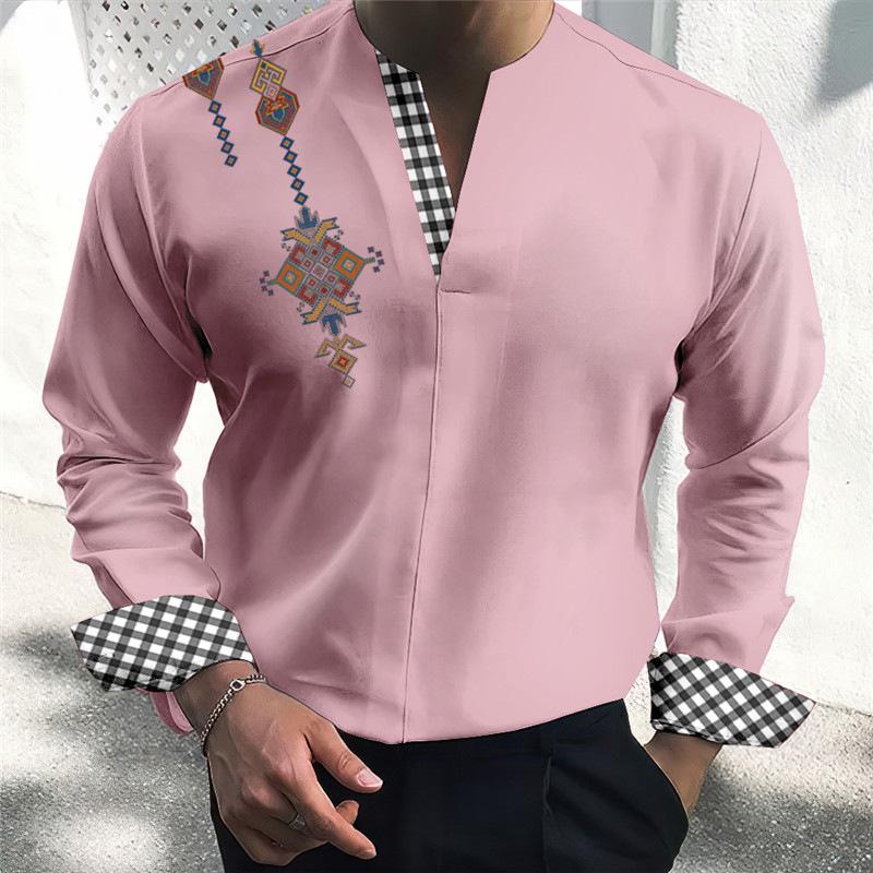 Camisa de manga larga con cuello en V y estampado étnico con costuras a cuadros para hombre 80938945Z