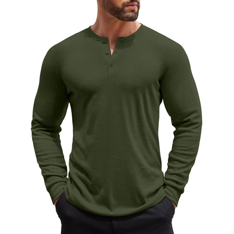 Herren Einfarbiges Henley-Kragen Casual Langarm-T-Shirt 08520324X