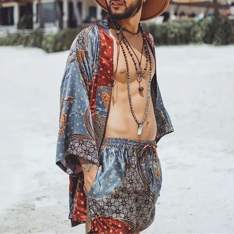 Conjunto de cárdigan y pantalones cortos holgados de playa con estampado vintage para hombre 21232142Y