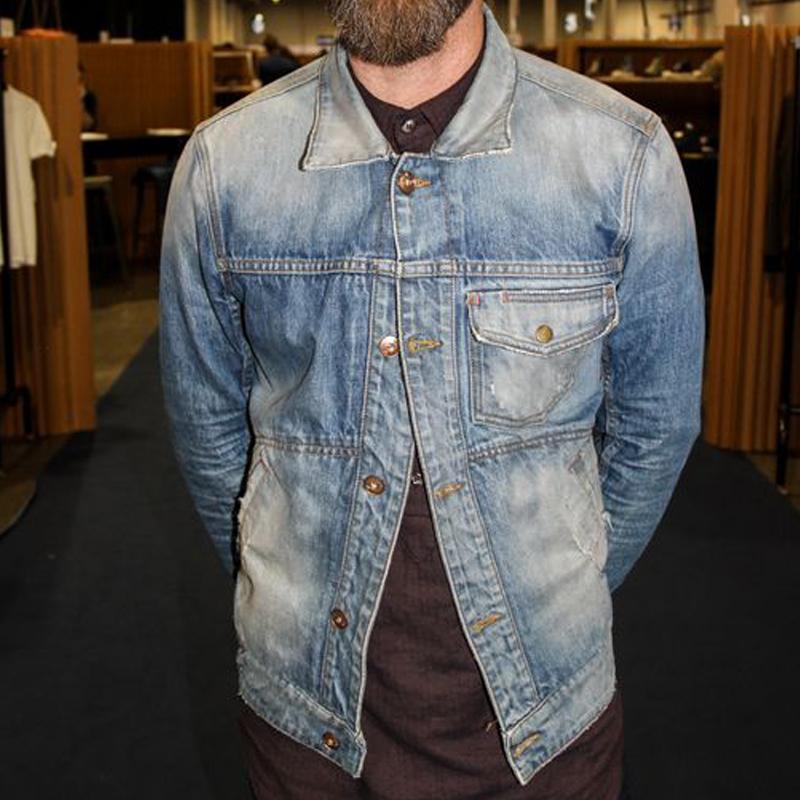 Hommes'S Veste en jean délavée vintage à col blazer et poches multiples 22821320Y