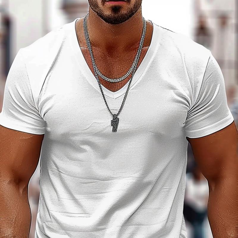 Herren T-Shirt aus Baumwolle mit V-Ausschnitt und kurzen Ärmeln in einfarbiger Optik 98171741X