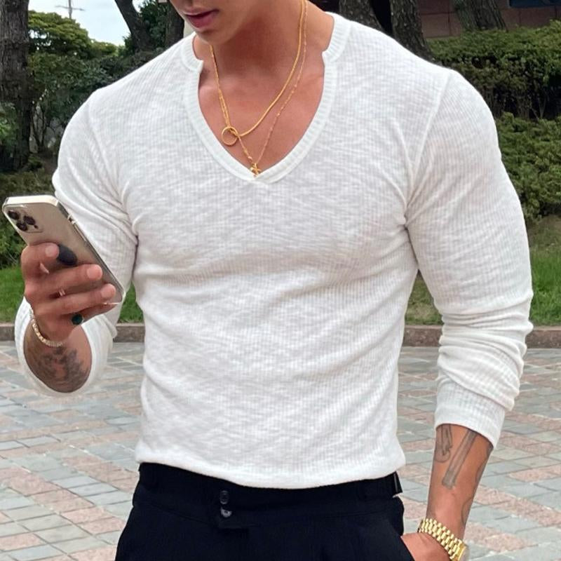 T-shirt da uomo a righe tinta unita con scollo a V e maniche lunghe 21770042X