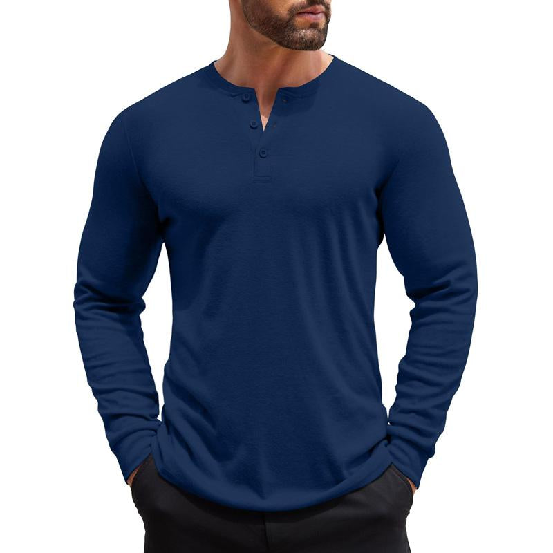 Herren Einfarbiges Henley-Kragen Casual Langarm-T-Shirt 08520324X