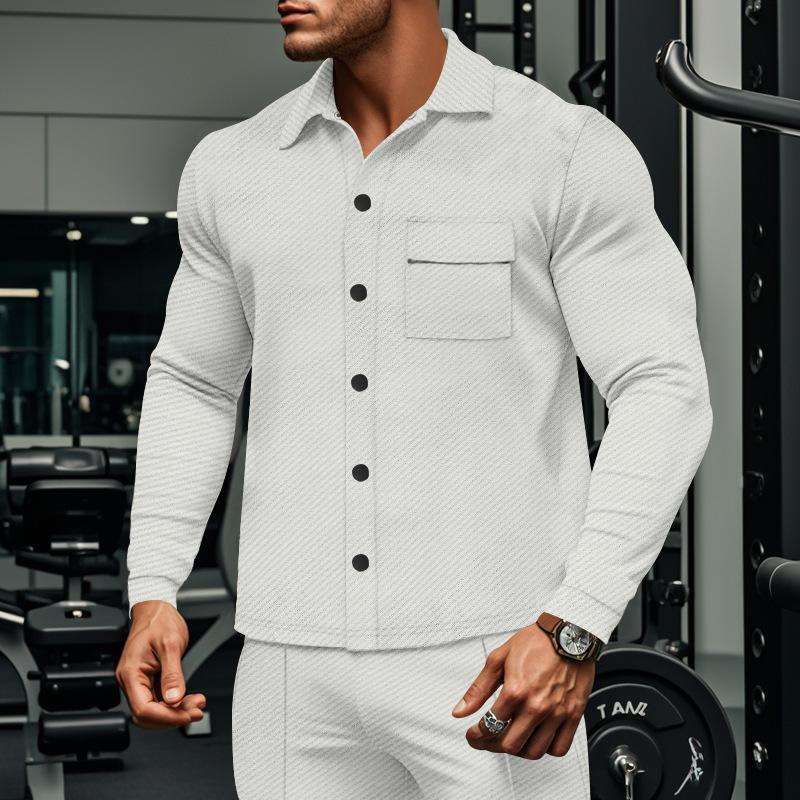 Giacca camicia a maniche lunghe monopetto con risvolto in twill casual da uomo 81404977M