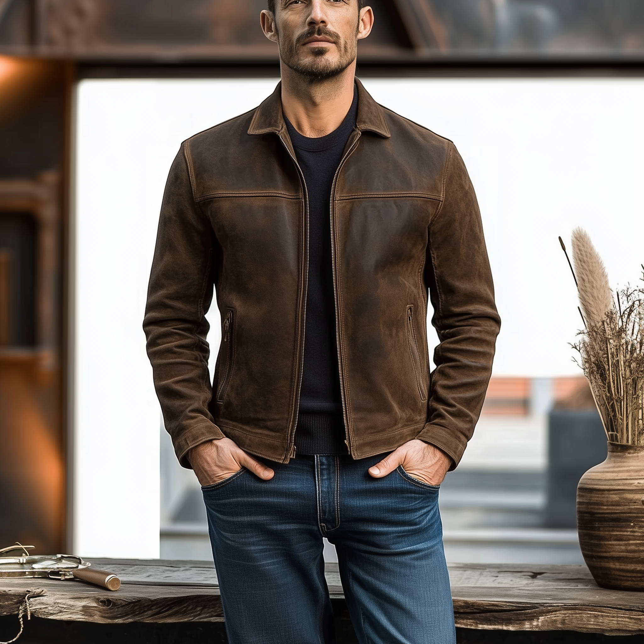Vintage distressed skinnjakke for menn 34416789U