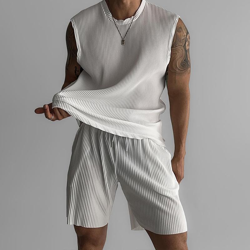 Men's Solid Color Stretch Striped Round Neck Sleeveless Tank Top Shorts Casual Set 39890208Z