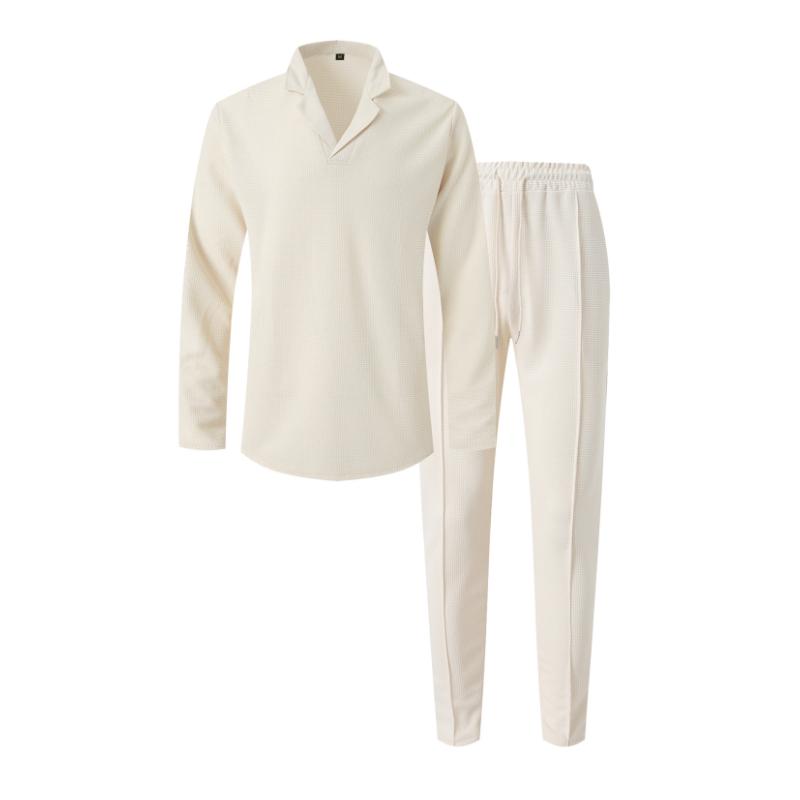 Einfarbiges Set aus langärmligem T-Shirt und Hose mit Waffelmuster und kubanischem Kragen für Herren 28710871Y