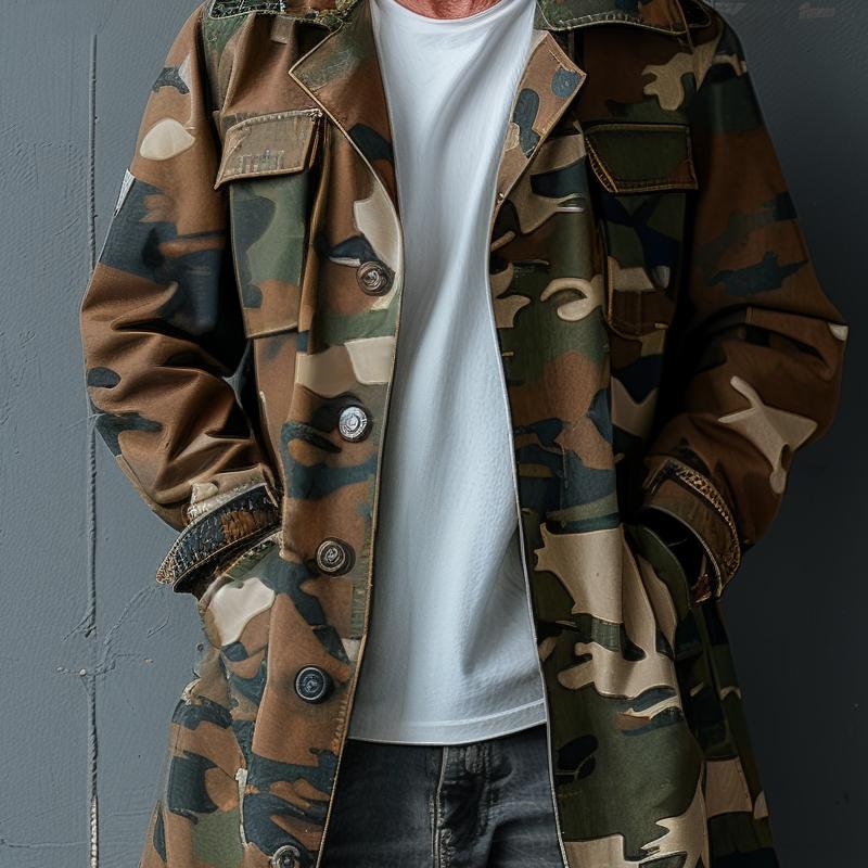 Gabardina de camuflaje para hombre, de largo medio, con solapa y bolsillo en el pecho, de botonadura sencilla, 74550095Z