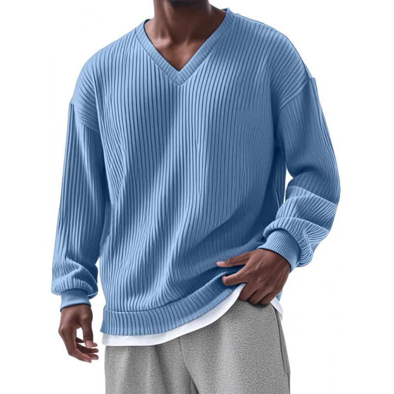 T-shirt casual da uomo a maniche lunghe con scollo a V e righe 54180863M