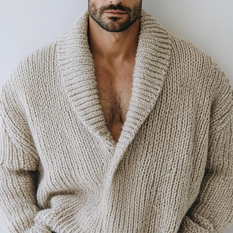 Pull en tricot décontracté à manches longues et revers de couleur unie pour homme, style oversize, 16200506Z