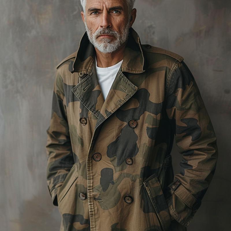 【Spedizione in 24 ore】Trench cargo da uomo con risvolto mimetico, doppiopetto, lunghezza media 89189358Z