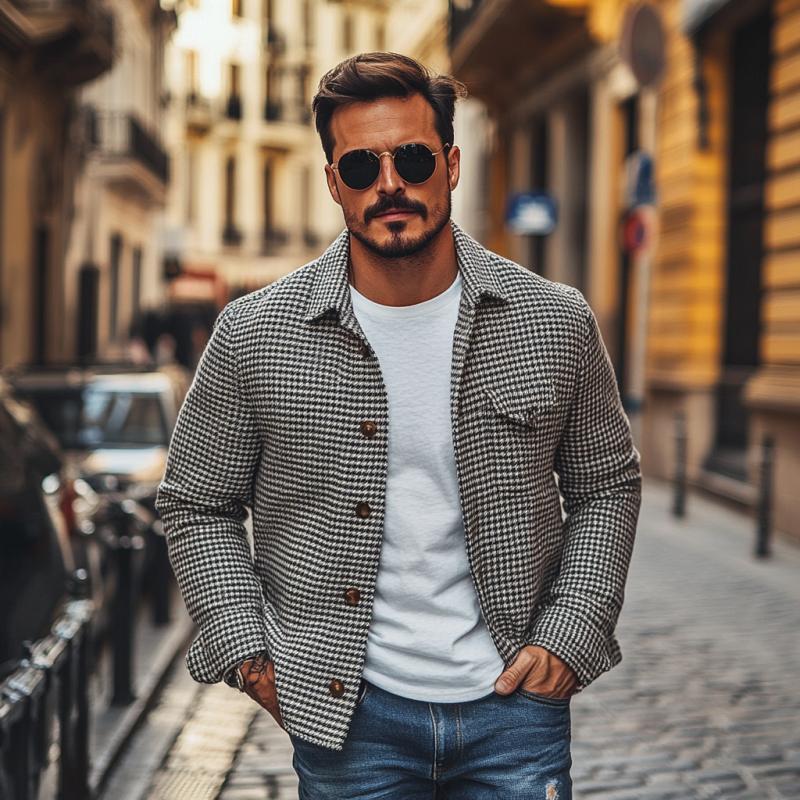 Chaqueta estilo camisa de hombre con solapa de pata de gallo y botonadura sencilla, estilo vintage, 85588306M