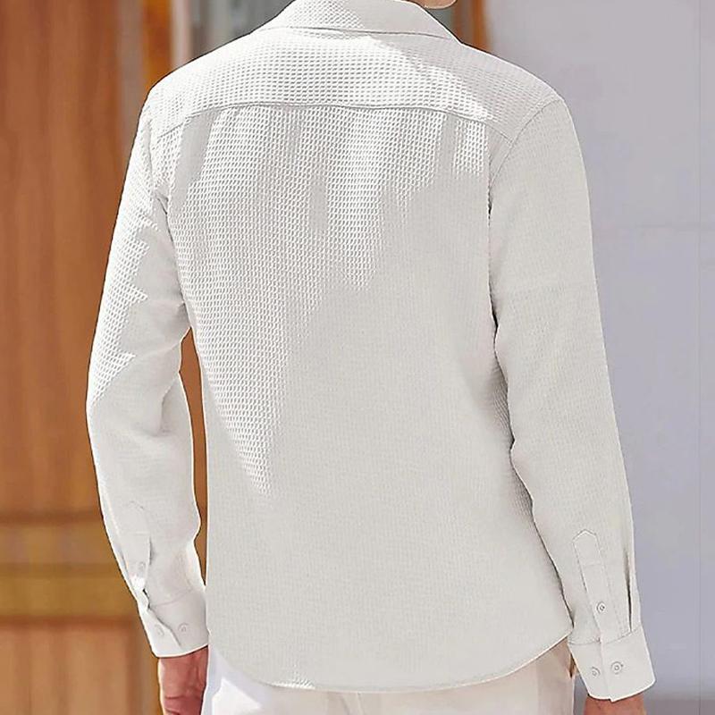 Men's Solid Color Lapel Long Sleeve Waffle Casual Shirt 69333697Z