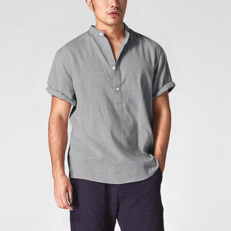 Camicia casual da uomo in cotone e lino con colletto Henley a maniche corte 23292927Z