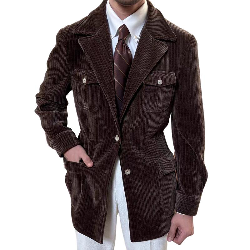 Men's Vintage Corduroy Notch Lapel Multi-pocket Two Buttons Blazer 19638199Z
