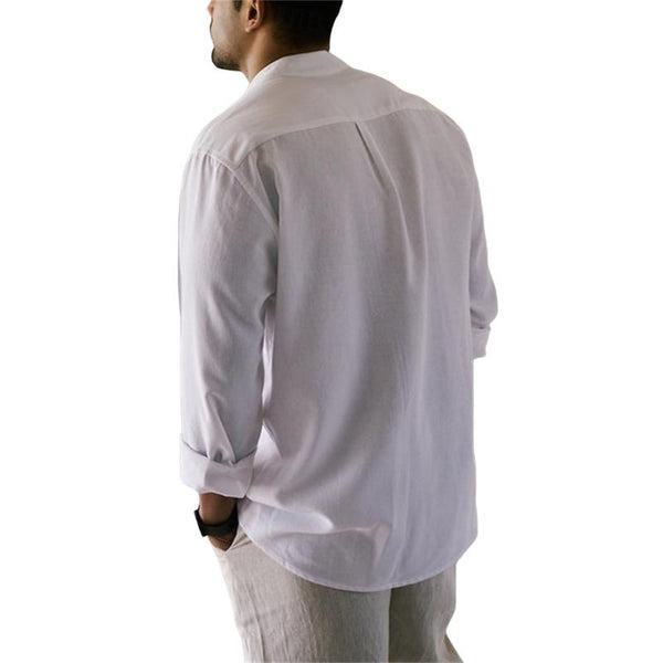 Men's Casual Cotton Linen Blended Stand Collar Long Sleeve Shirt 21410098M