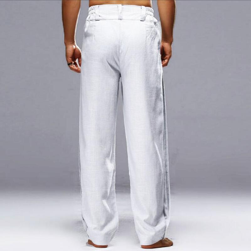 Pantaloni casual dritti in cotone e lino tinta unita da uomo 50104064Z