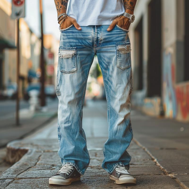 Jeans dritti vintage da uomo con patchwork lavati e rovinati 29483737M