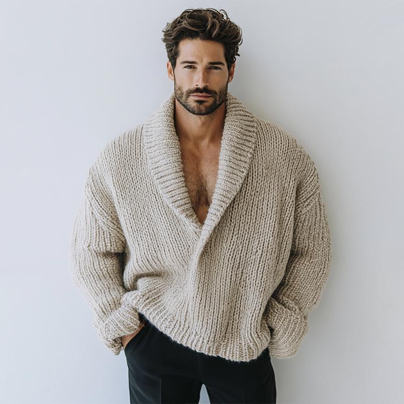 Pull en tricot décontracté à manches longues et revers de couleur unie pour homme, style oversize, 16200506Z