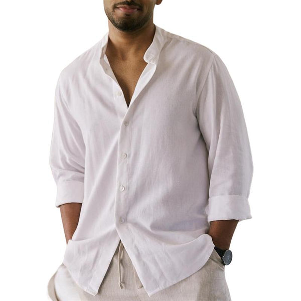 Men's Casual Cotton Linen Blended Stand Collar Long Sleeve Shirt 21410098M