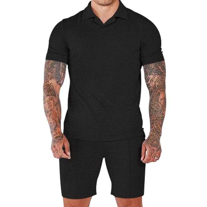 Solid vaffelslagsjakke for menn med kortermet poloskjorte shorts Sports fritidssett 89786181Z