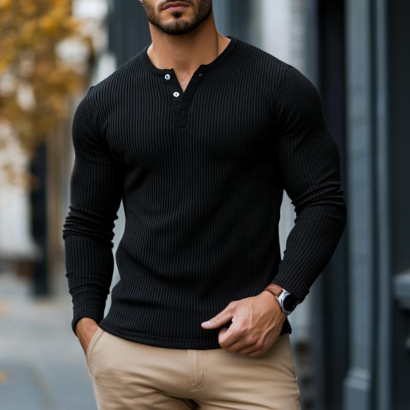 【Expédition en 24 heures】T-shirt décontracté à manches longues à rayures côtelées pour hommes à col henley ajusté 68992413M