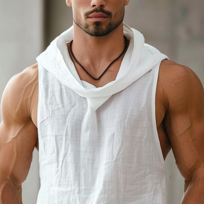 Men's Solid Cotton And Linen Hooded Sleeveless Tank Top 60860905Z