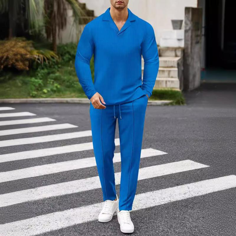 Einfarbiges Set aus langärmligem T-Shirt und Hose mit Waffelmuster und kubanischem Kragen für Herren 28710871Y