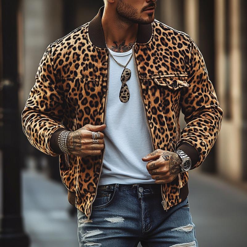 Vintage leopardtrykk for menn bomberjakke med brystlomme 05400168Y