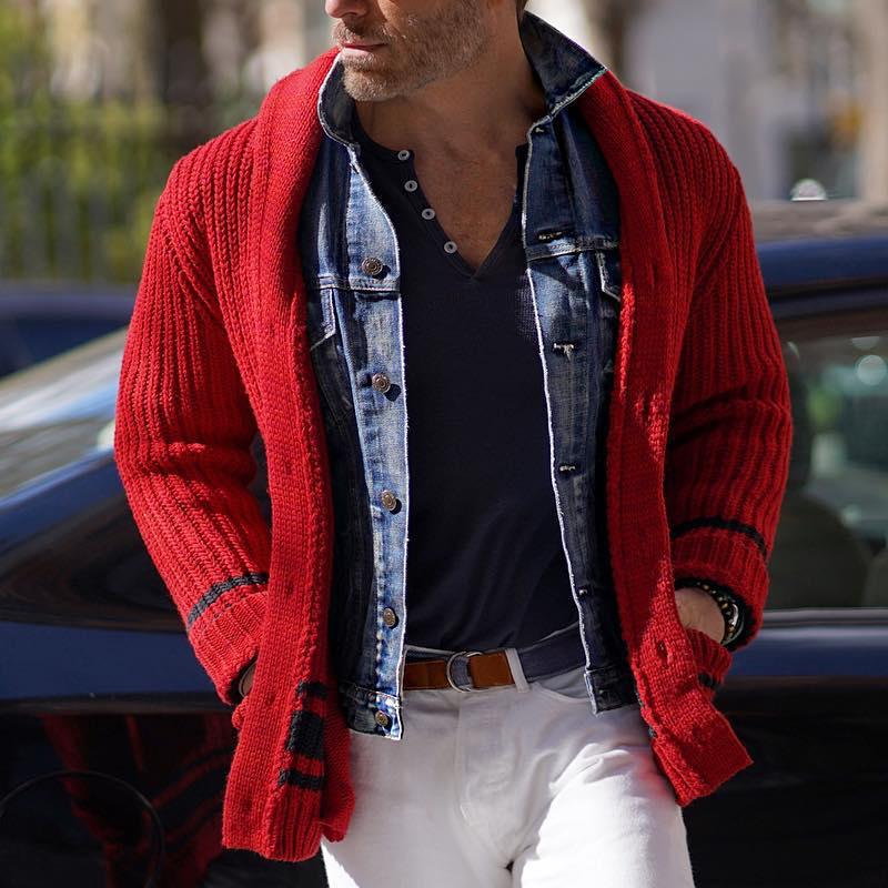 Men's Vintage Color Block Striped Lapel Single-breasted Knit Cardigan 88246691Z