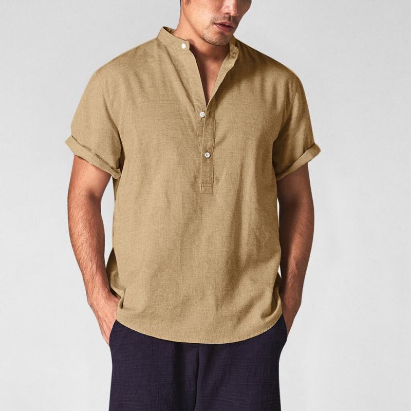 Camicia casual da uomo in cotone e lino con colletto Henley a maniche corte 23292927Z