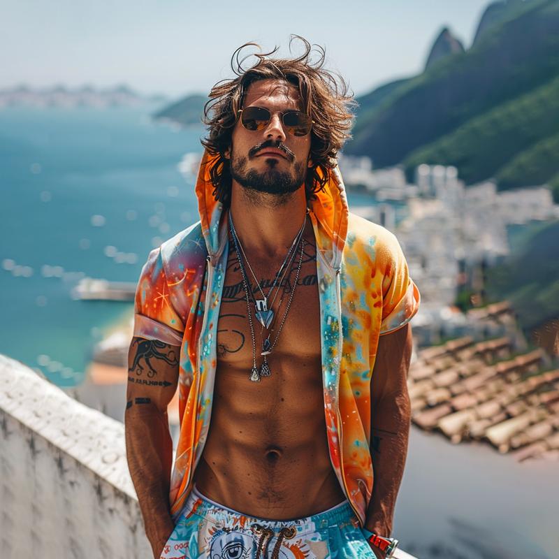 【Spedizione in 24 ore】Felpa con cappuccio e zip a maniche corte con stampa tie-dye da uomo 15548409Z